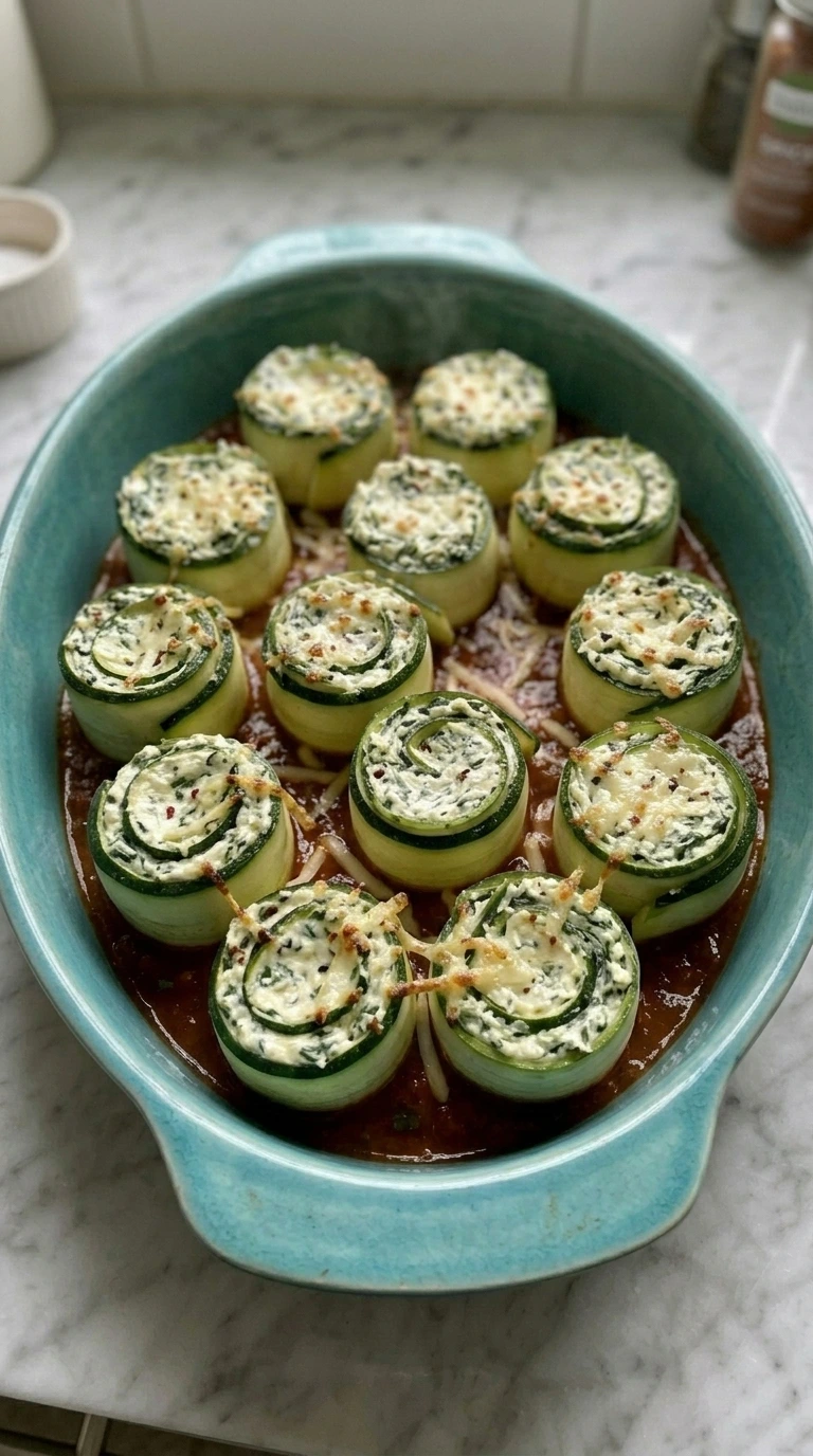 Baked Zucchini Roll-Ups with bubbling marinara and blistered mozzarella