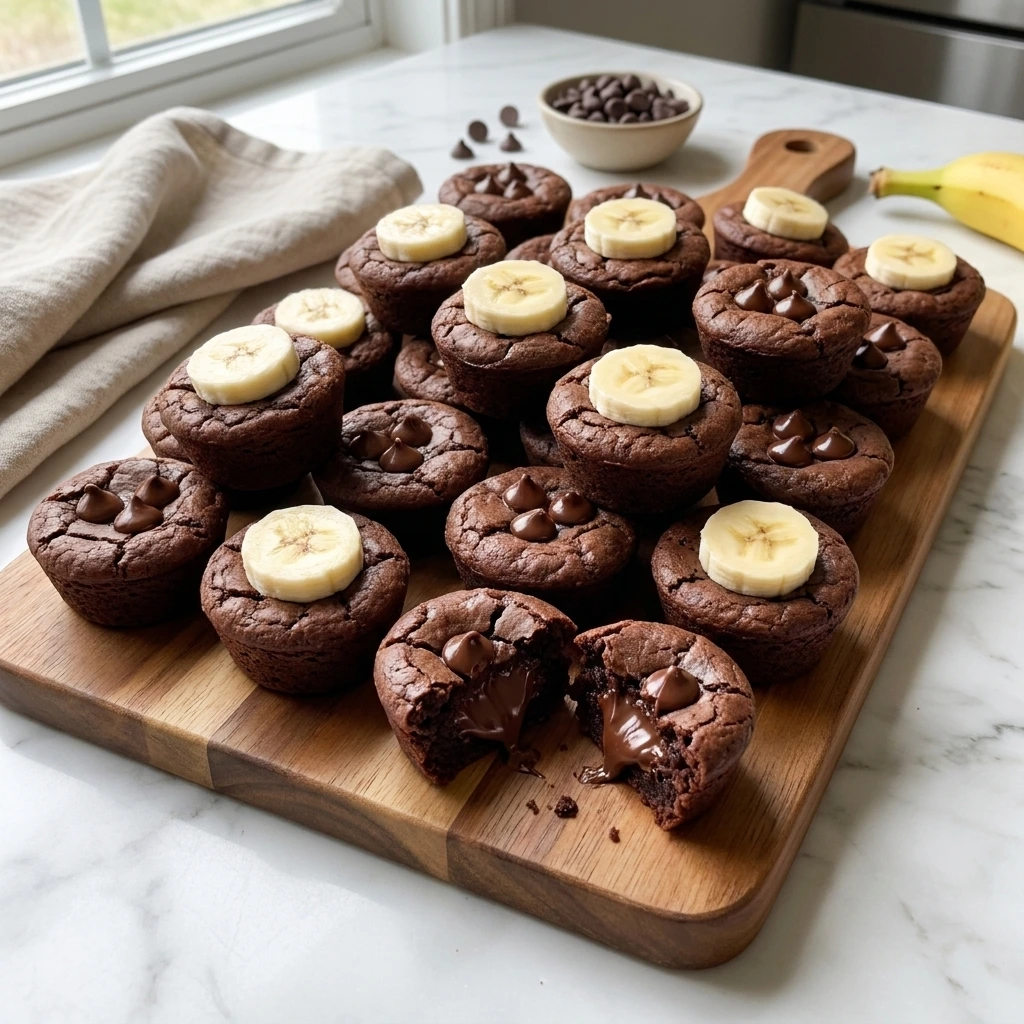 Banana Brownie Bites piled on a wooden board with glossy chocolate chips and fresh banana slices