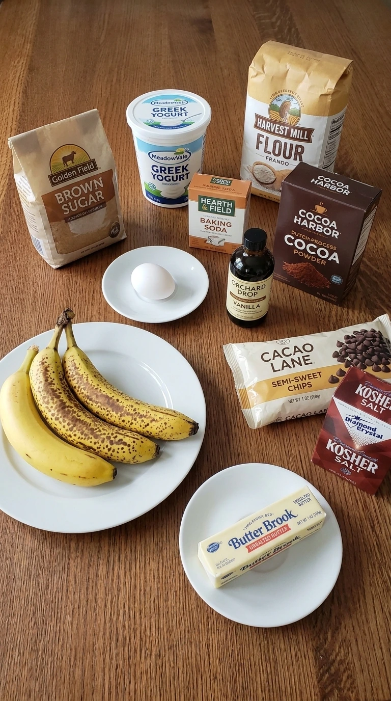 Banana Brownie Bites ingredients including bananas, Greek yogurt, cocoa and chocolate chips