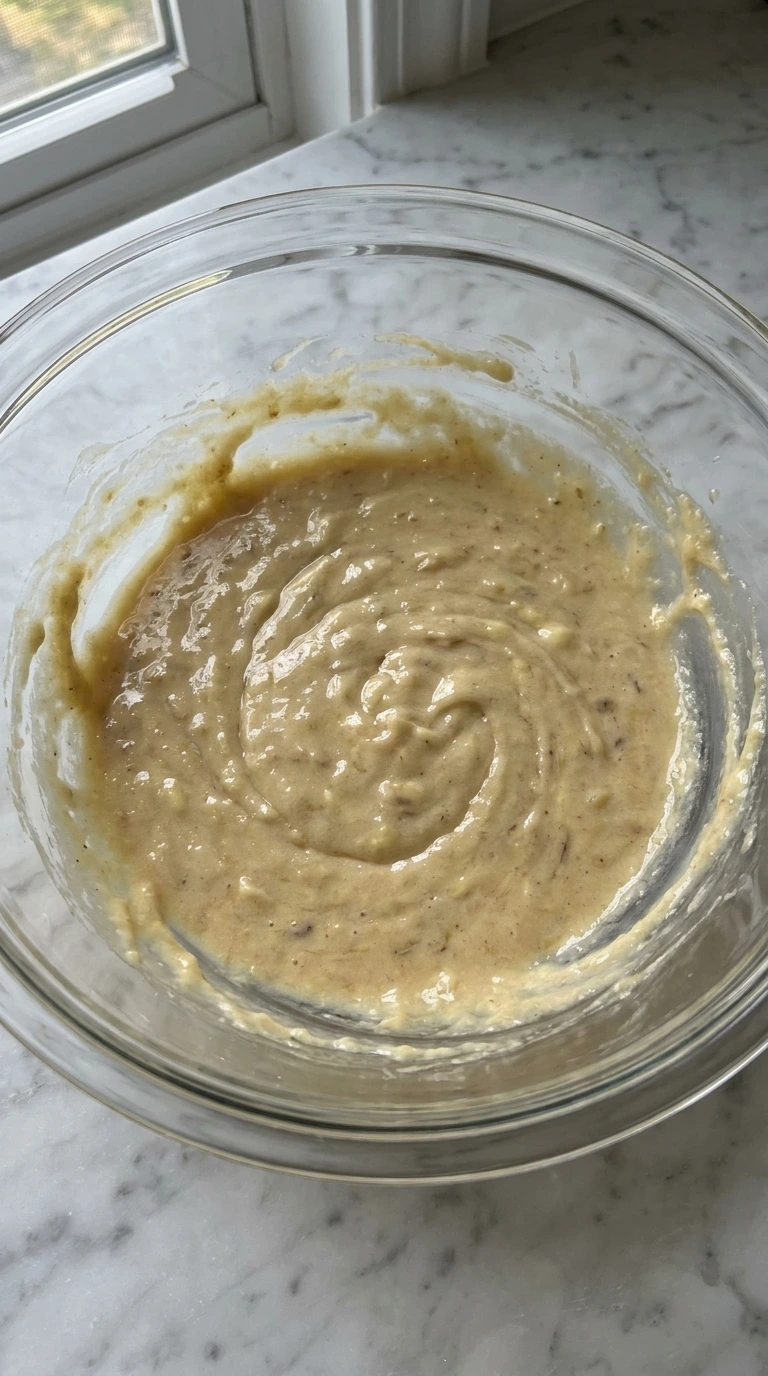Banana Brownie Bites wet mixture with mashed banana and Greek yogurt