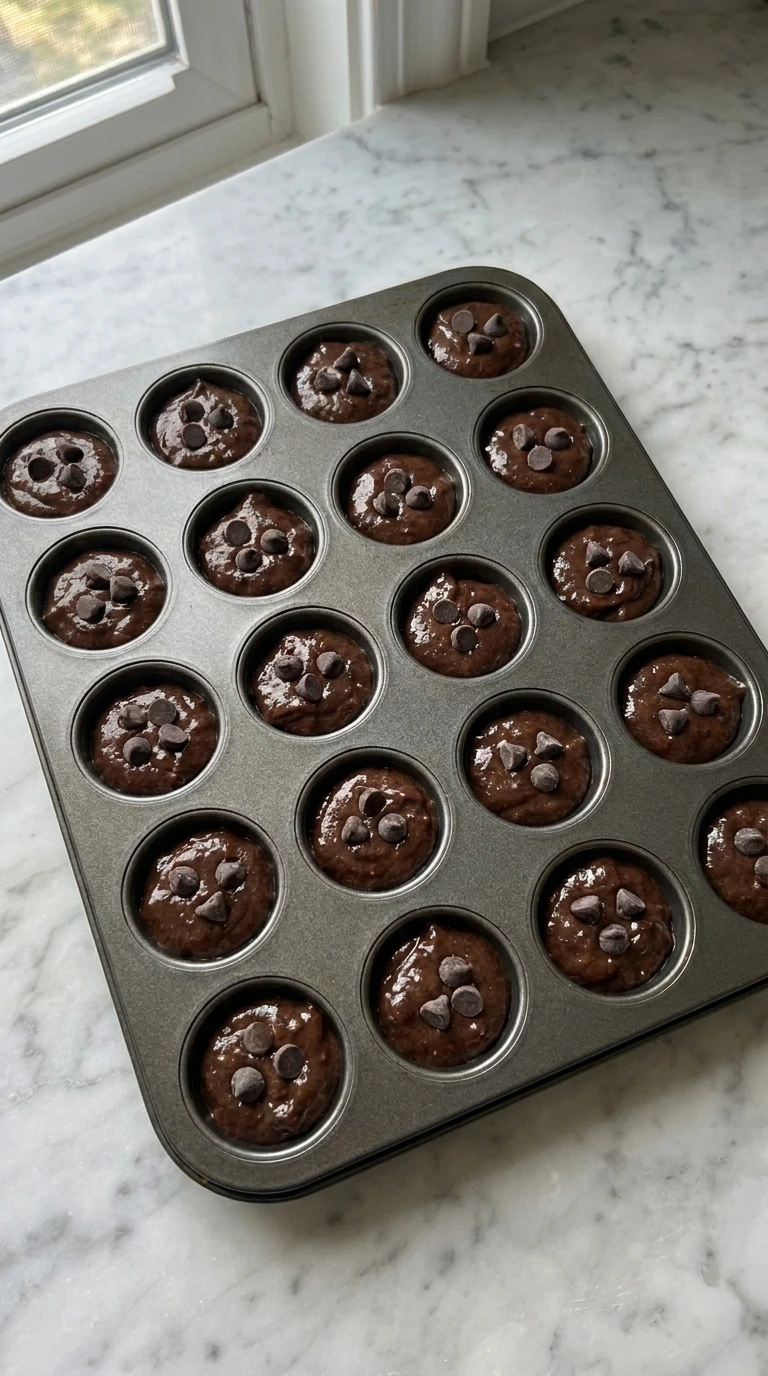Banana Brownie Bites portioned into a mini muffin pan with chocolate chips