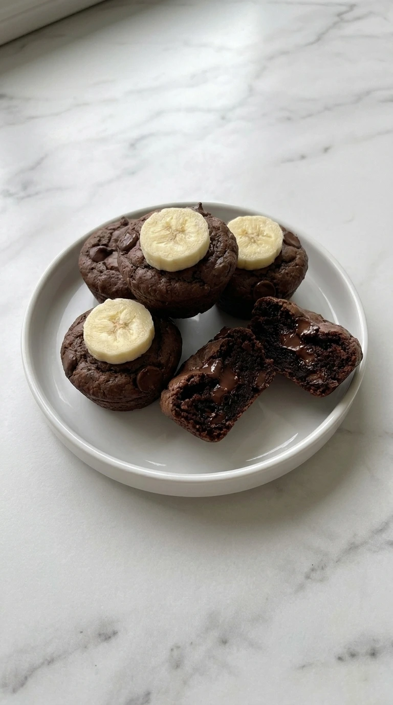 Banana Brownie Bites plated with fresh banana rounds and one split center