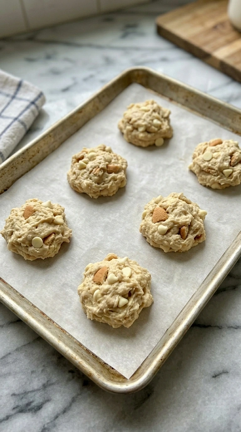 Six chilled banana pudding cookie dough mounds spaced on a lined aluminum sheet pan