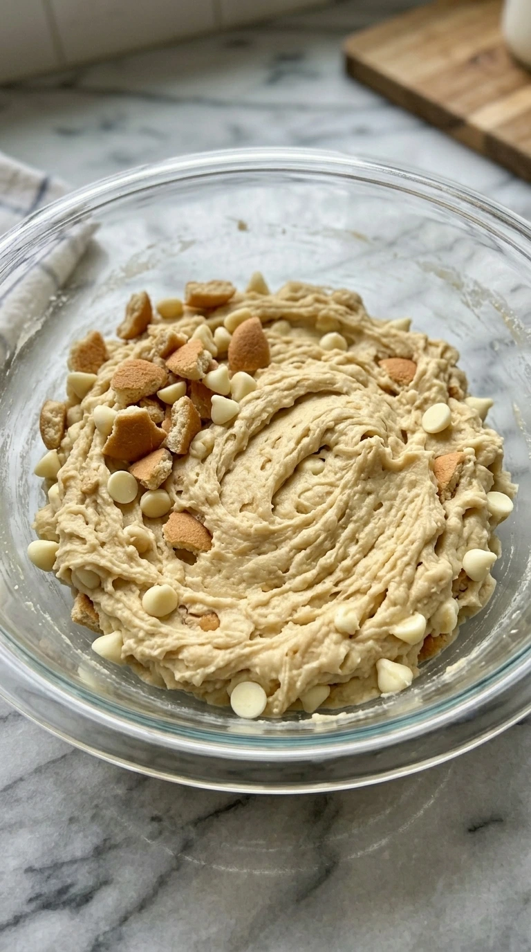 Thick banana pudding cookie dough with white chocolate chips and crushed vanilla wafers