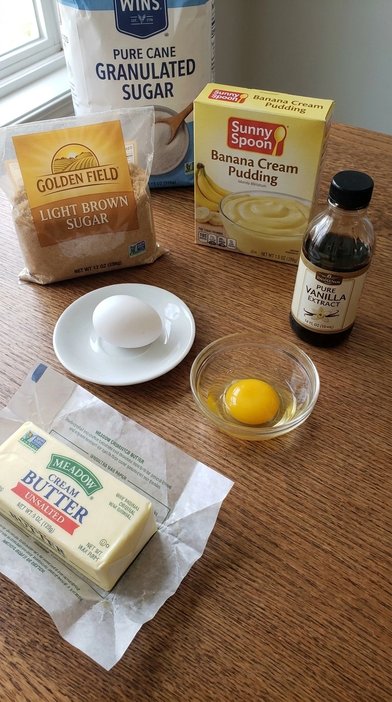 Ingredients for Banana Pudding Cookies including pudding mix vanilla wafers and white chocolate chips