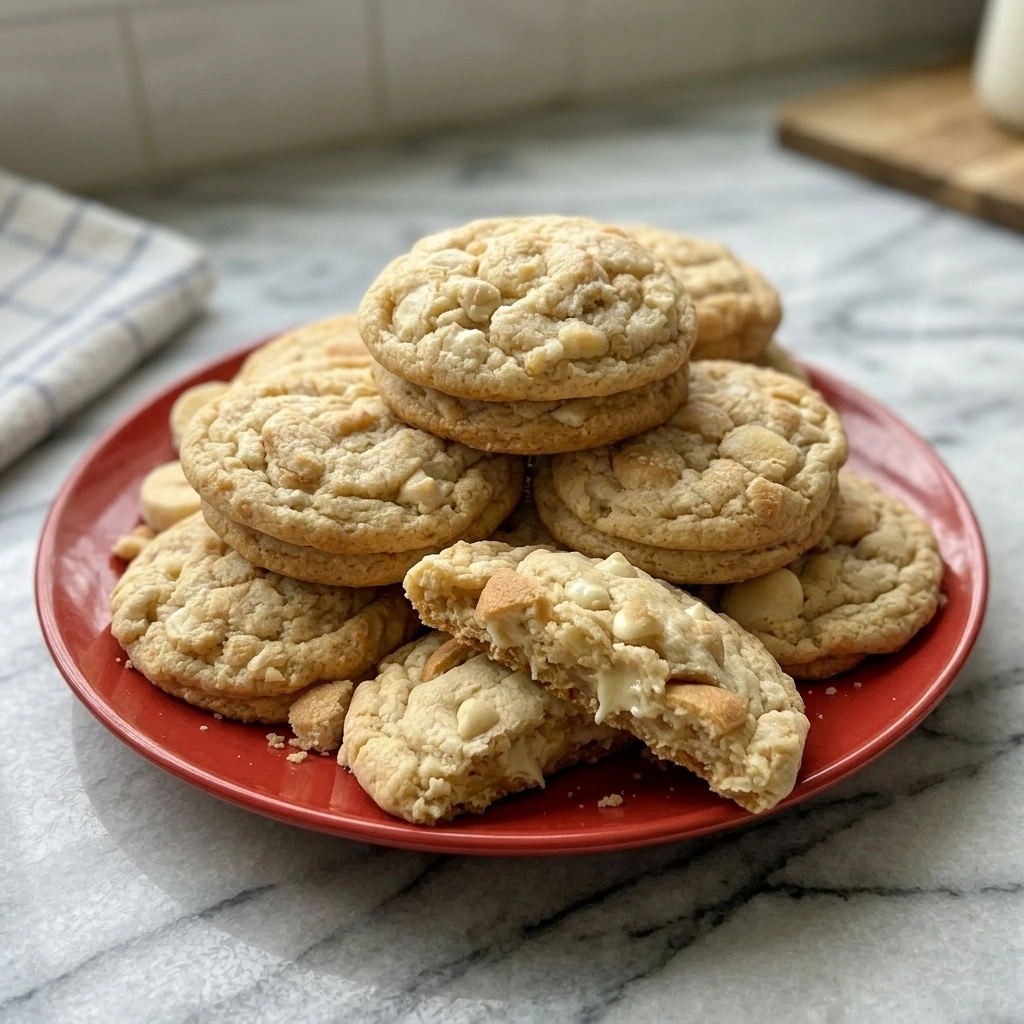 Stack of soft Banana Pudding Cookies with white chocolate chips and vanilla wafer chunks