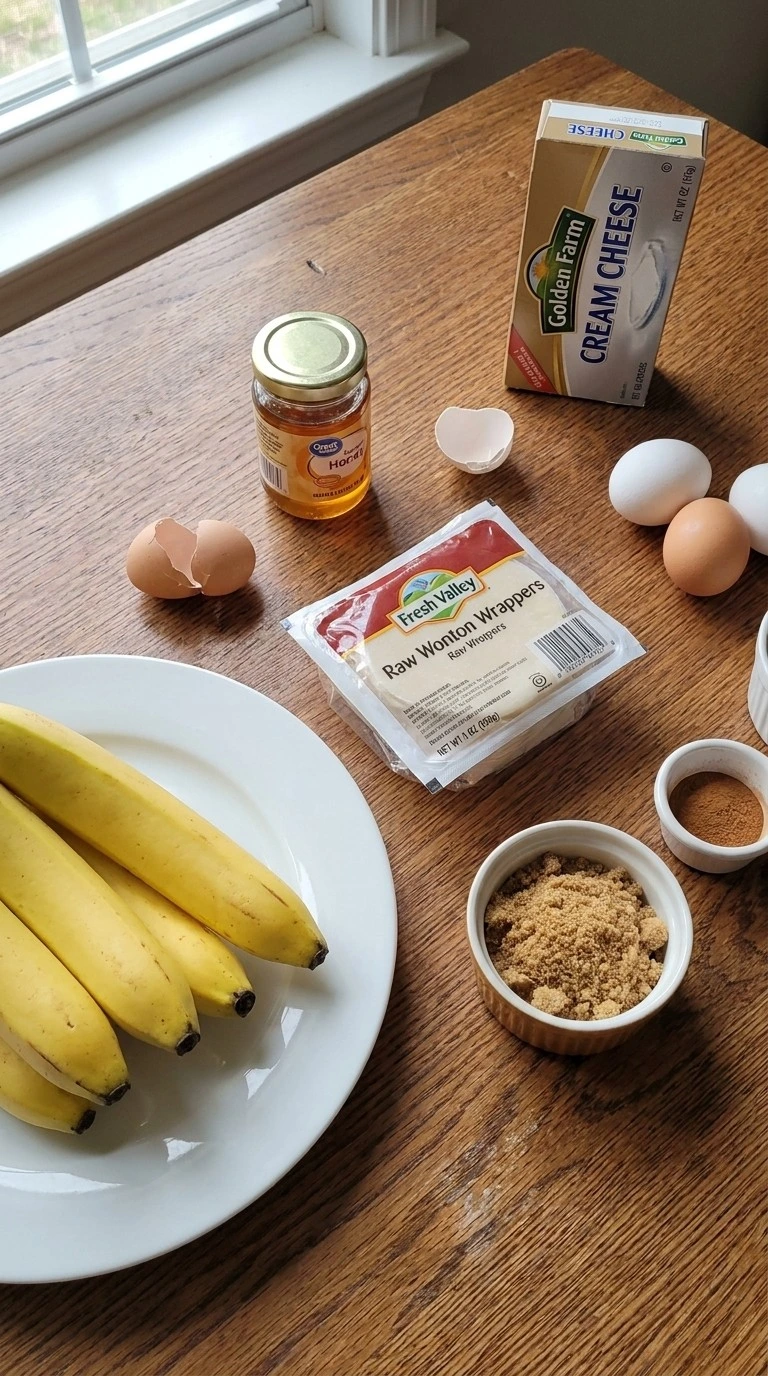 Banana Wonton Bites ingredients with bananas and wonton wrappers