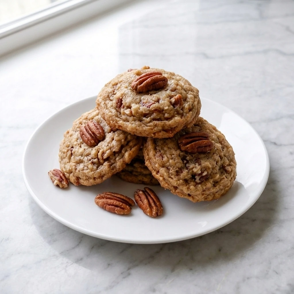 Butter Pecan Cookies stacked high on a white plate