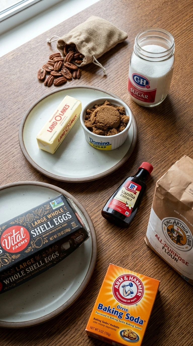 Raw ingredients for Butter Pecan Cookies including brown sugar and pecans