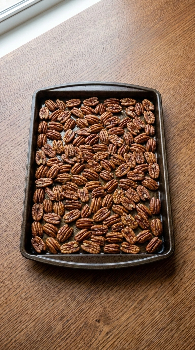 Toasting nuts on a pan for Butter Pecan Cookies