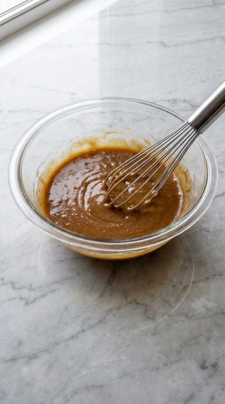 Whisking wet ingredients in a glass bowl for Butter Pecan Cookies