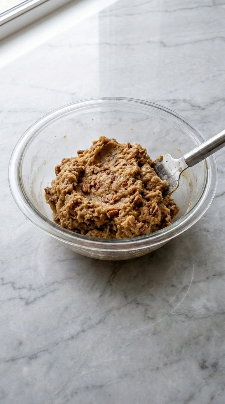 Folding pecans into dough for Butter Pecan Cookies
