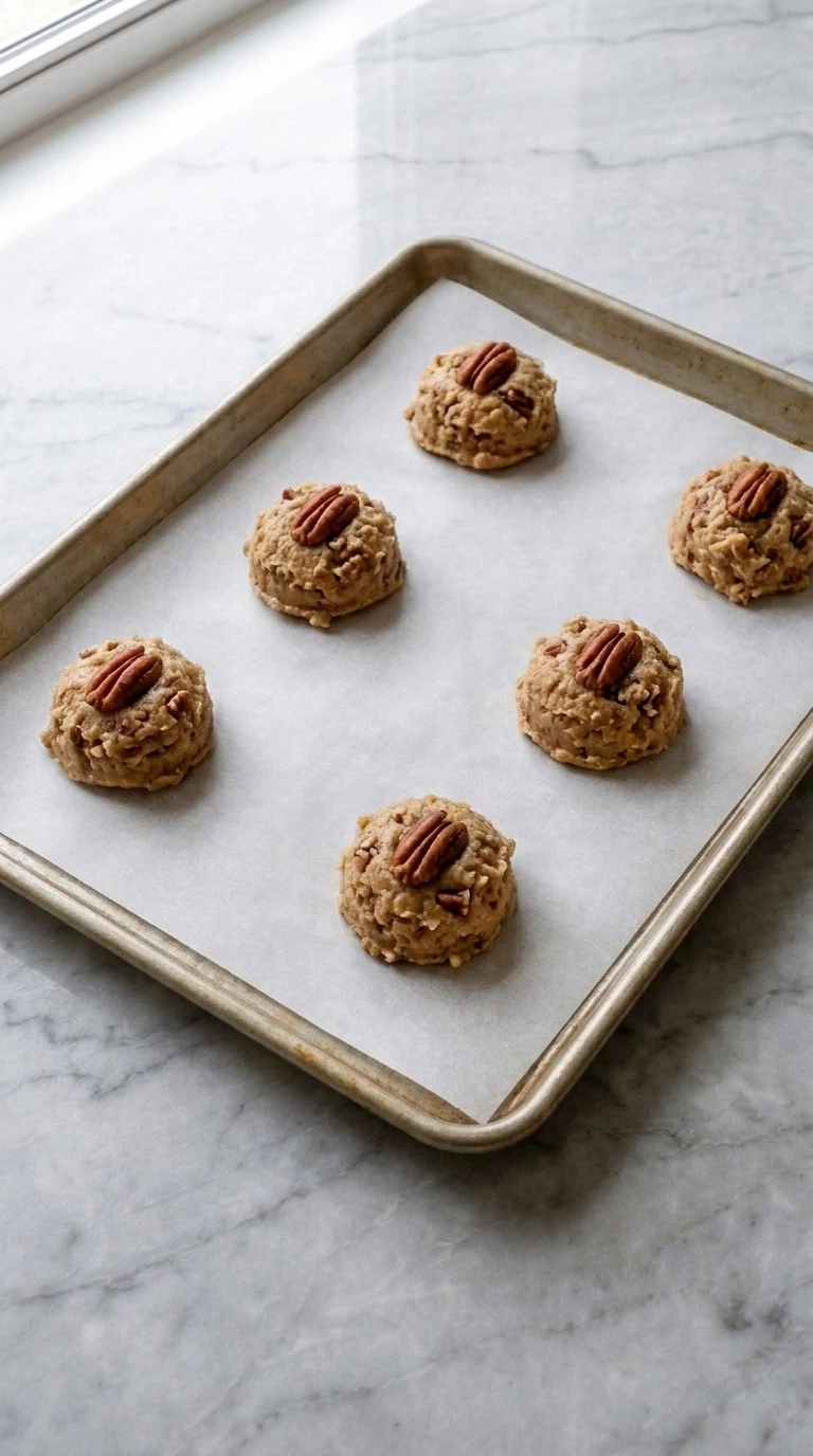 Scooped dough mounds on a baking sheet for Butter Pecan Cookies