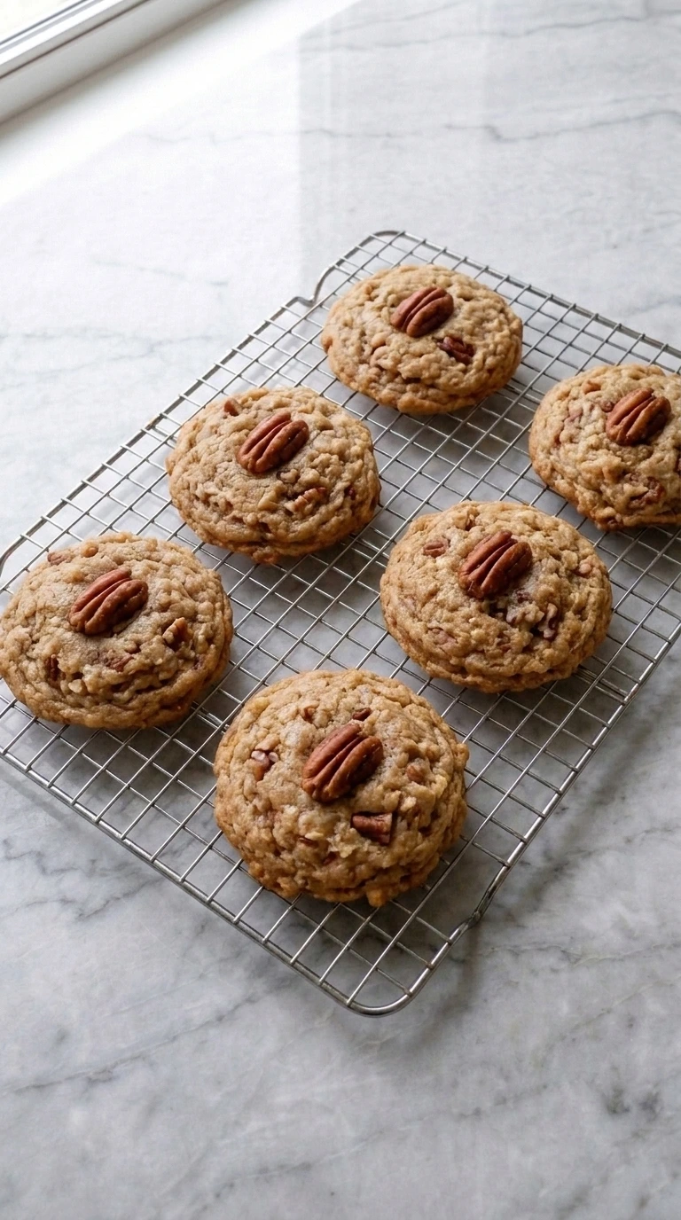 Freshly baked Butter Pecan Cookies cooling on a wire rack