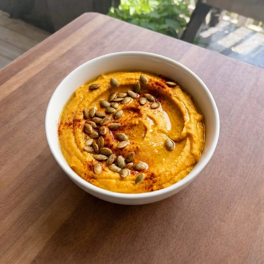 Butternut Squash Hummus in a white bowl with pumpkin seeds