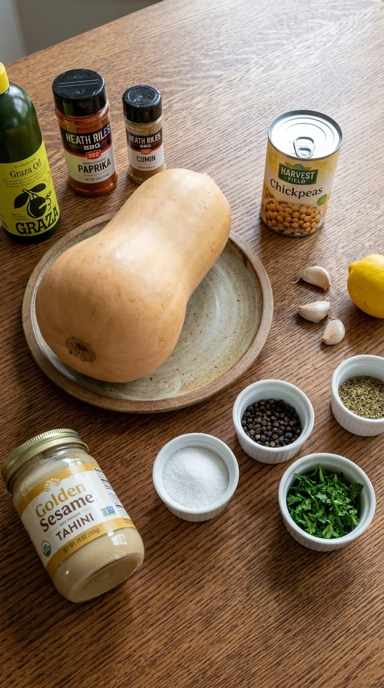 Butternut Squash Hummus ingredients arranged for preparation