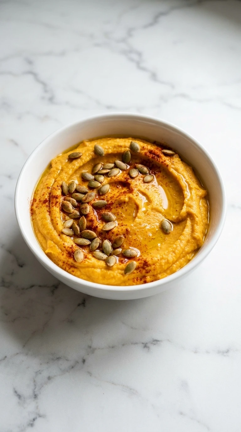 Butternut Squash Hummus plated with pumpkin seeds