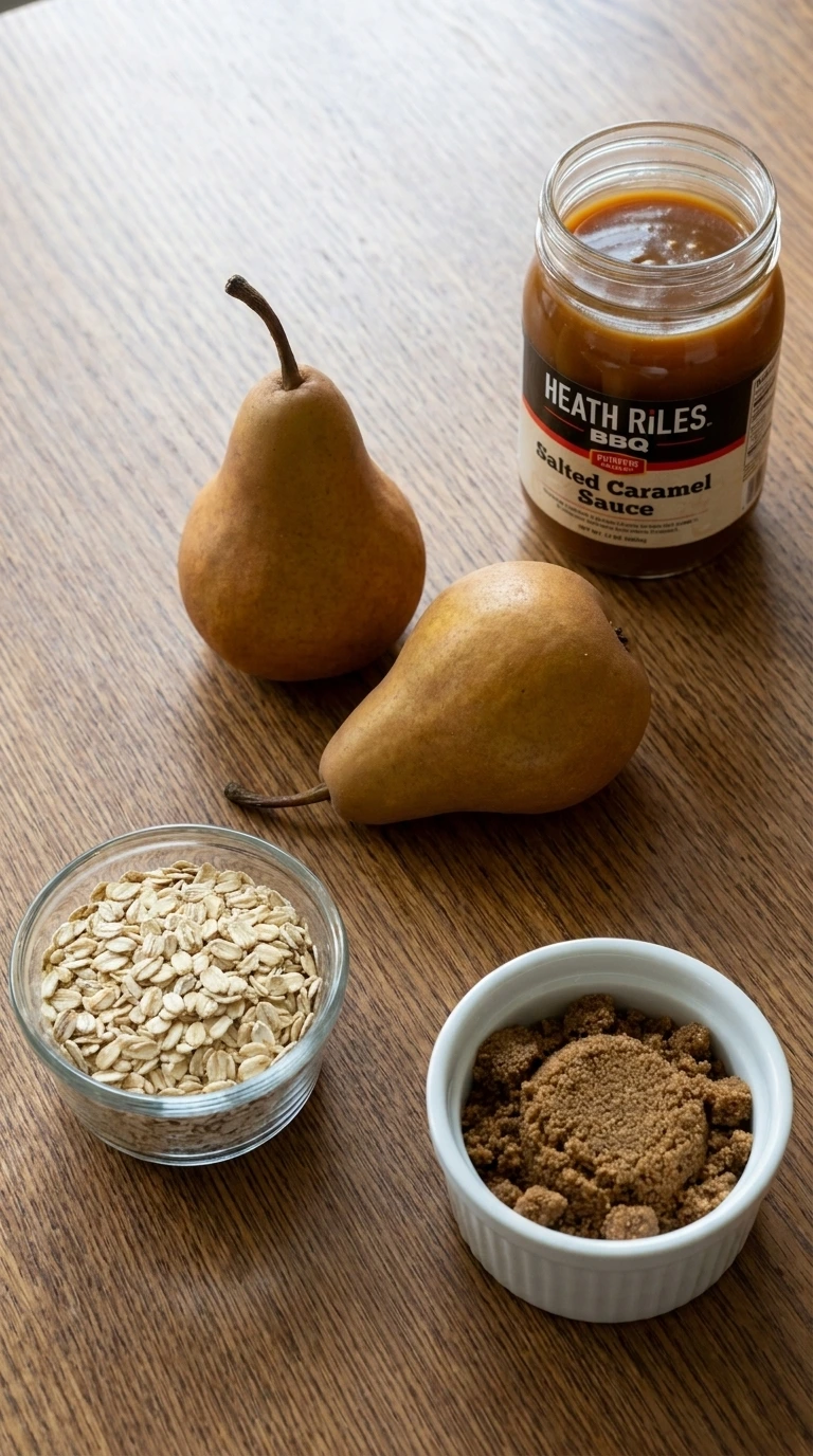 Raw ingredients for Caramel Pear Crisp including Bosc pears oats brown sugar and cinnamon