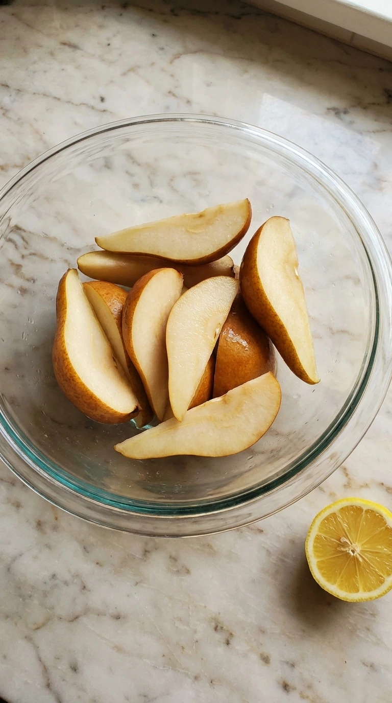 Sliced Bosc pears in a glass mixing bowl for Caramel Pear Crisp