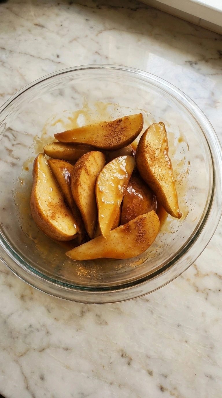 Pears tossed in rich caramel sauce and cinnamon for Caramel Pear Crisp