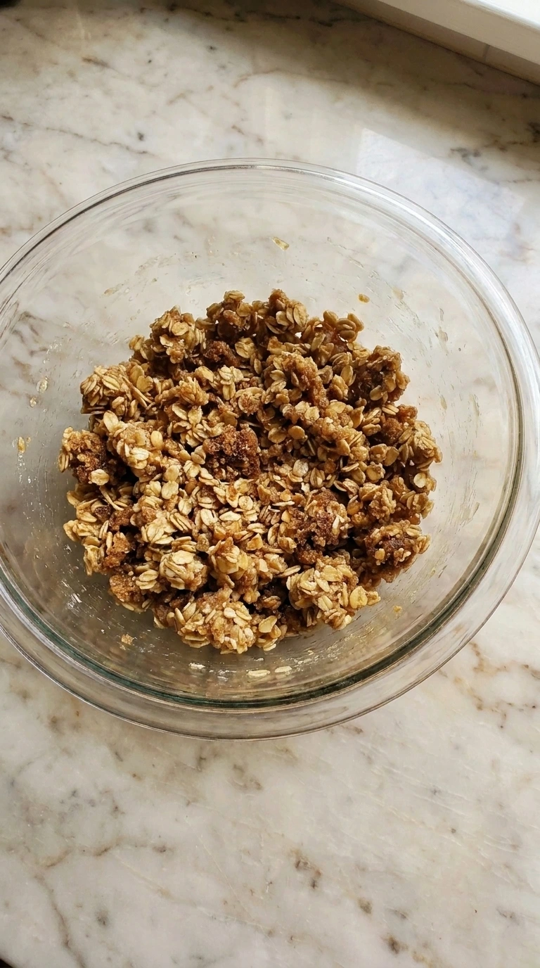 Oat and brown sugar crumble topping in a ceramic bowl for Caramel Pear Crisp