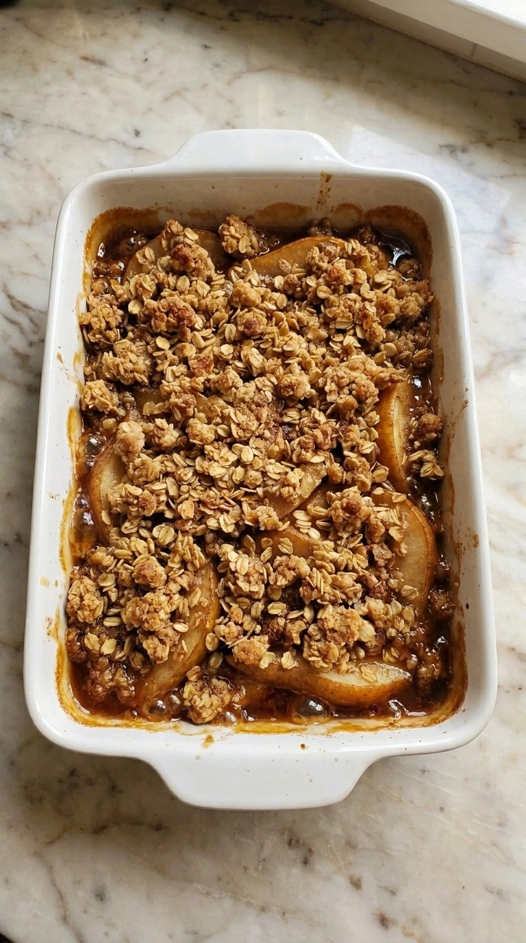 Layered pears and oat crumble in a white baking dish ready to bake Caramel Pear Crisp
