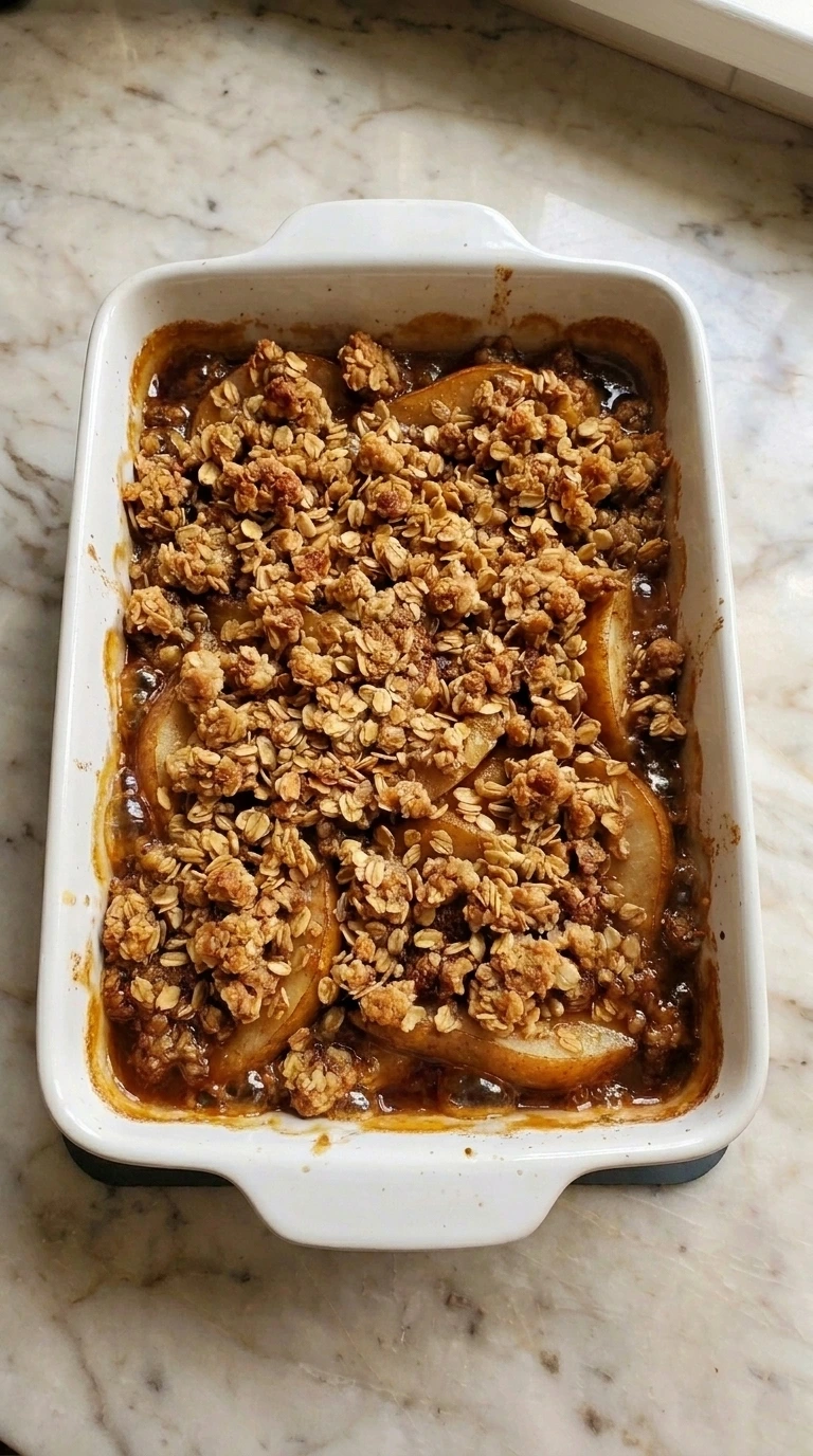 Golden brown baked Caramel Pear Crisp bubbling around the edges of the ceramic dish