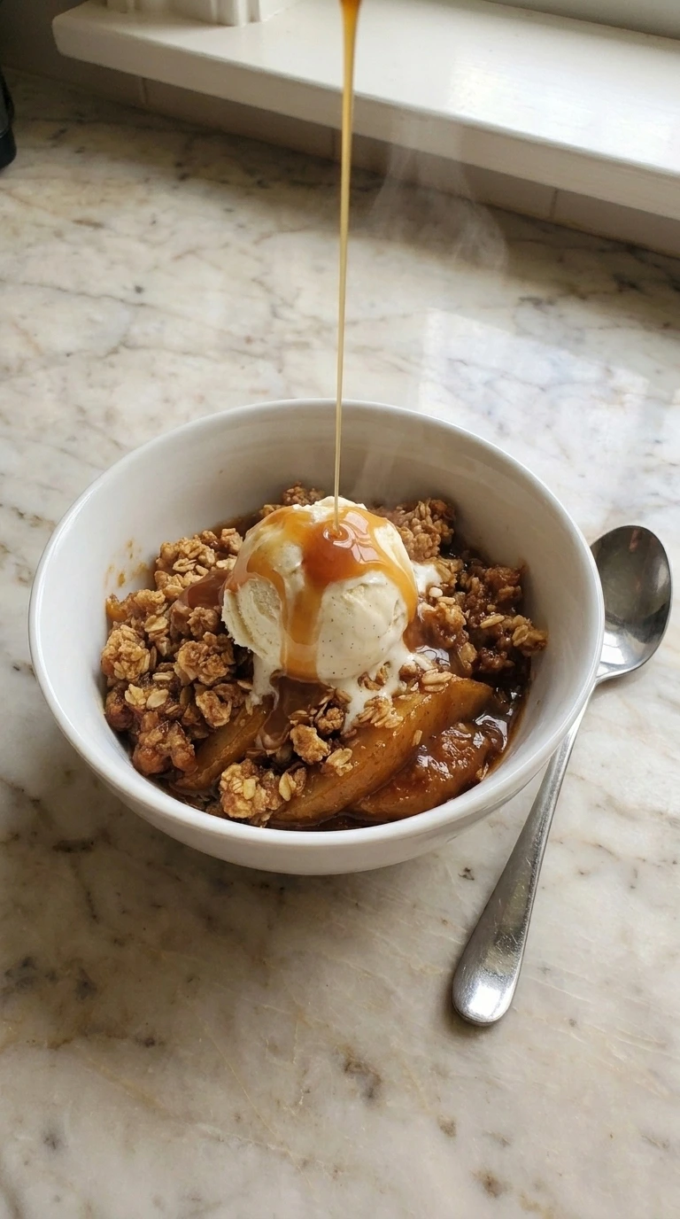 Single serving of Caramel Pear Crisp in a white bowl with vanilla ice cream and caramel drizzle