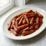 Cinnamon Maple Roasted Carrots with glossy mahogany edges and chopped parsley on an oval platter