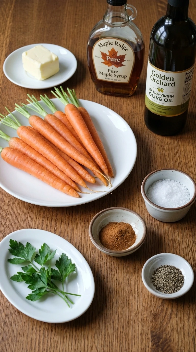 Cinnamon Maple Roasted Carrots ingredients including whole orange carrots, maple syrup, butter, cinnamon and parsley