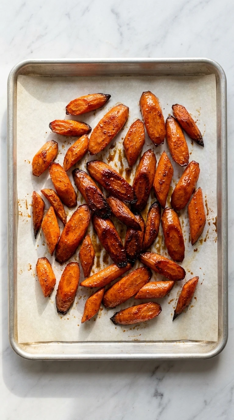 Cinnamon Maple Roasted Carrots step showing 28 flipped pieces with deep mahogany caramelized edges