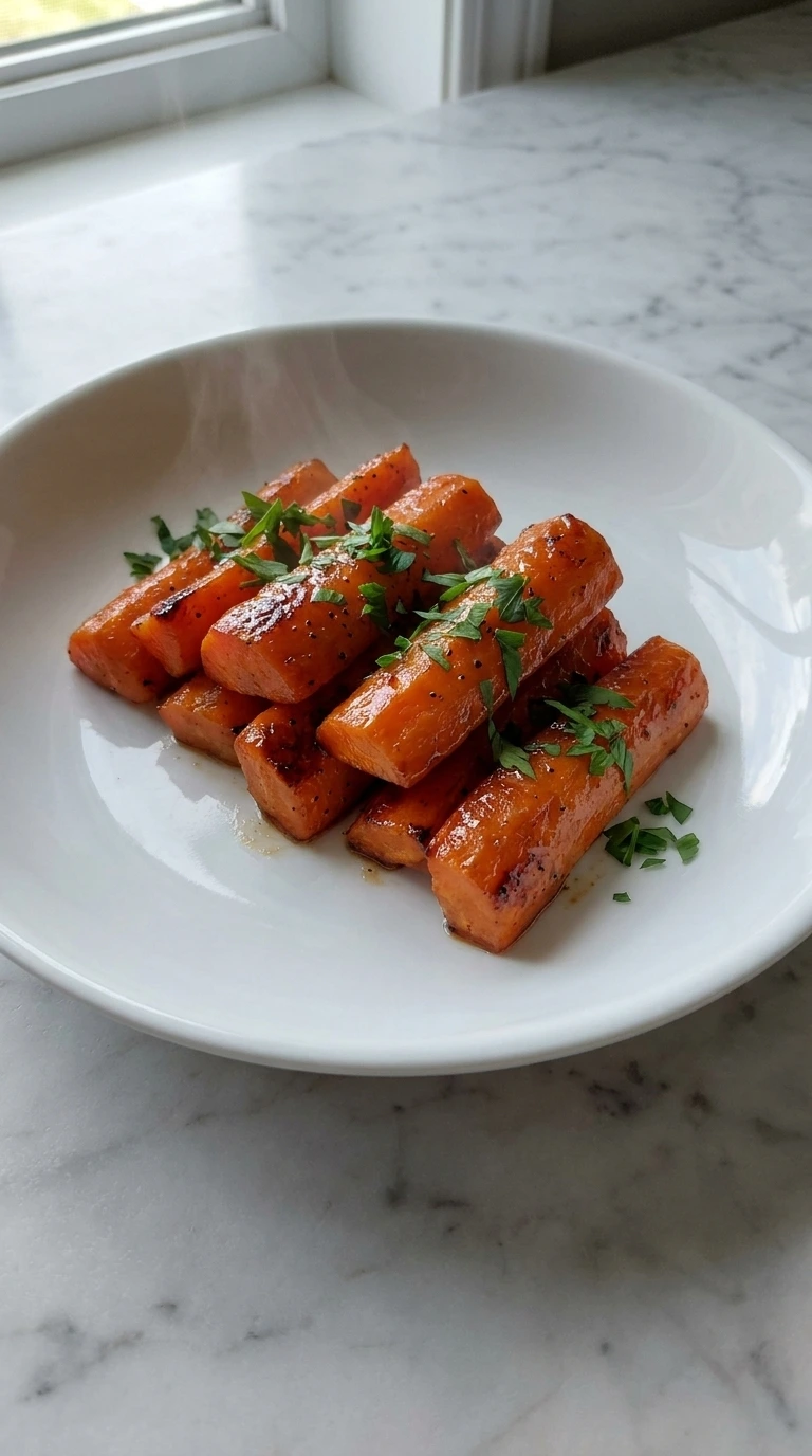 Cinnamon Maple Roasted Carrots step showing a seven-piece serving with parsley on a white plate