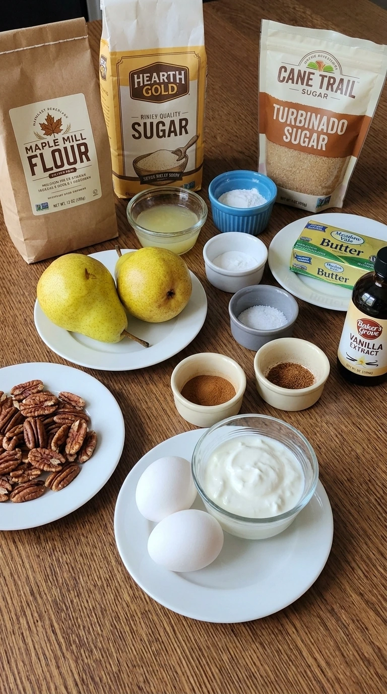 Ingredients for Cinnamon Pear Muffins including Bartlett pears, cinnamon, pecans and baking staples