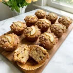 Cinnamon Pear Muffins with golden domes, pear slices and pecan streusel on a wooden board