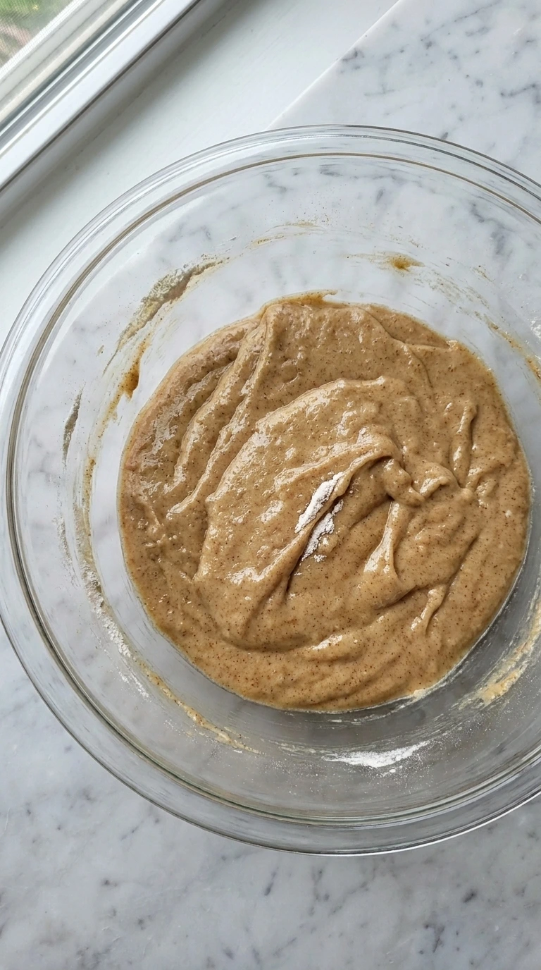 Thick cinnamon batter being mixed for Cinnamon Pear Muffins