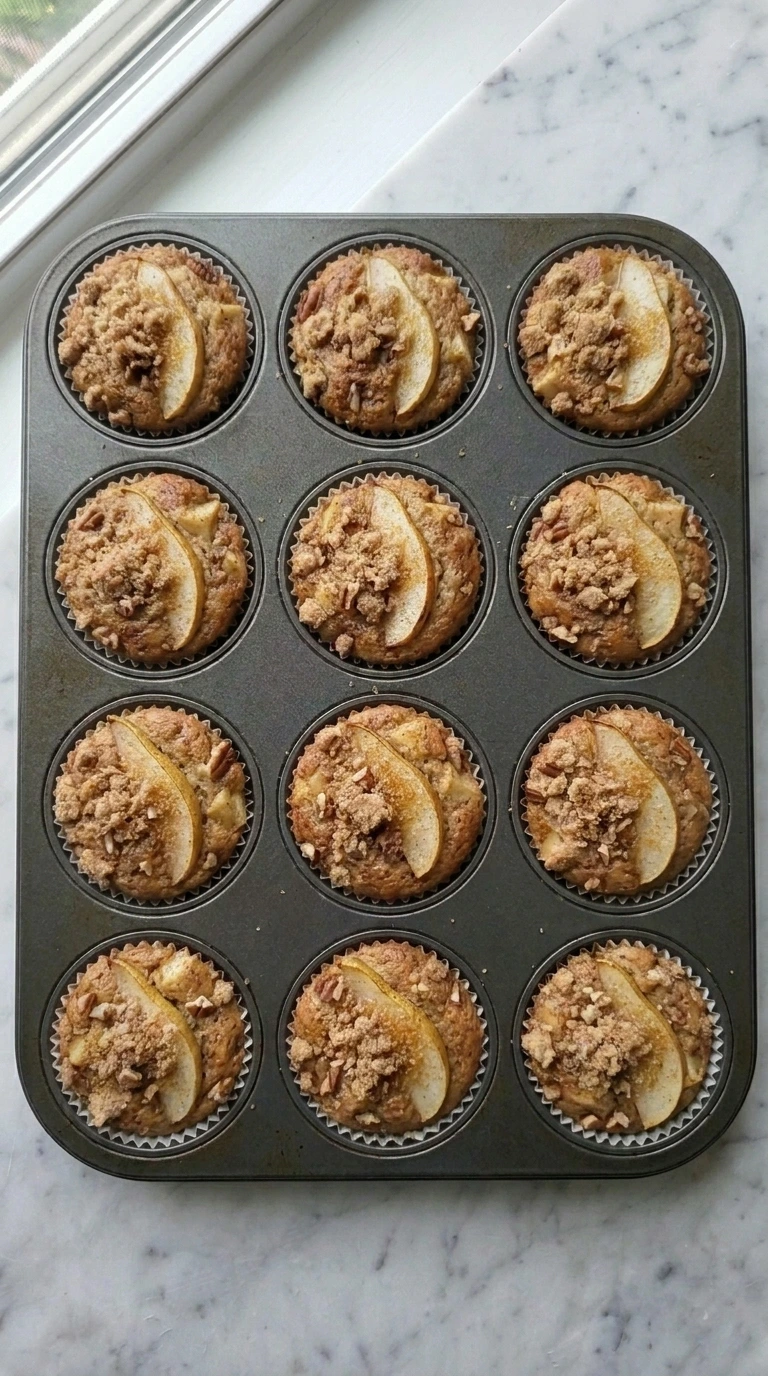 Golden baked Cinnamon Pear Muffins with curled pear slices and pecan streusel