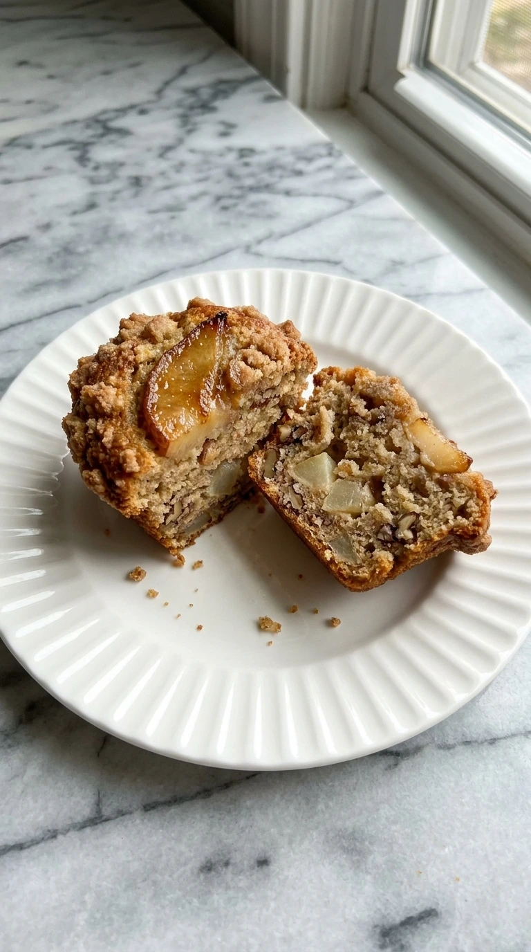Split Cinnamon Pear Muffins showing moist pear-filled crumb on a white plate