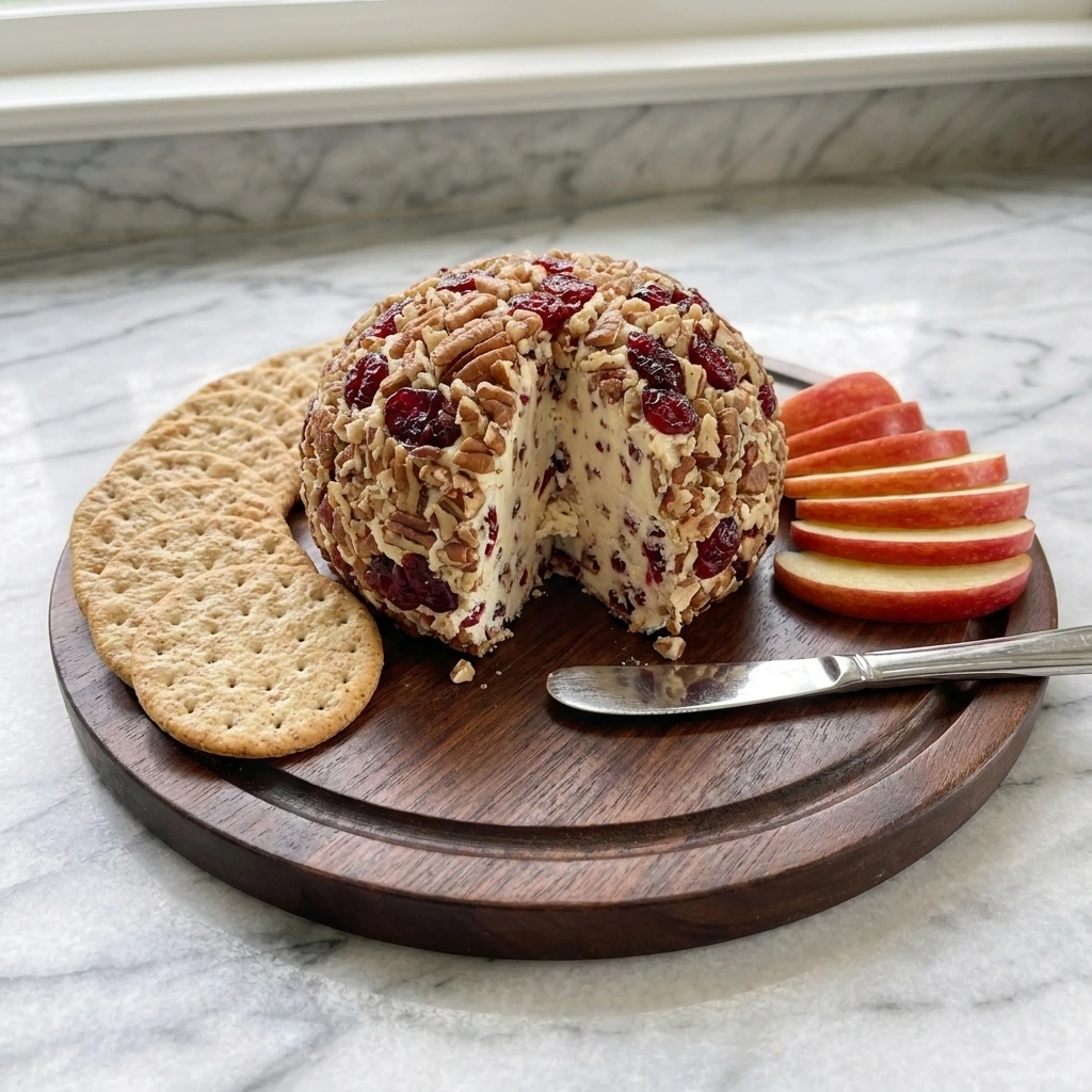 A Cranberry Pecan Cheese Ball coated in chopped pecans and dried cranberries on a wooden board.
