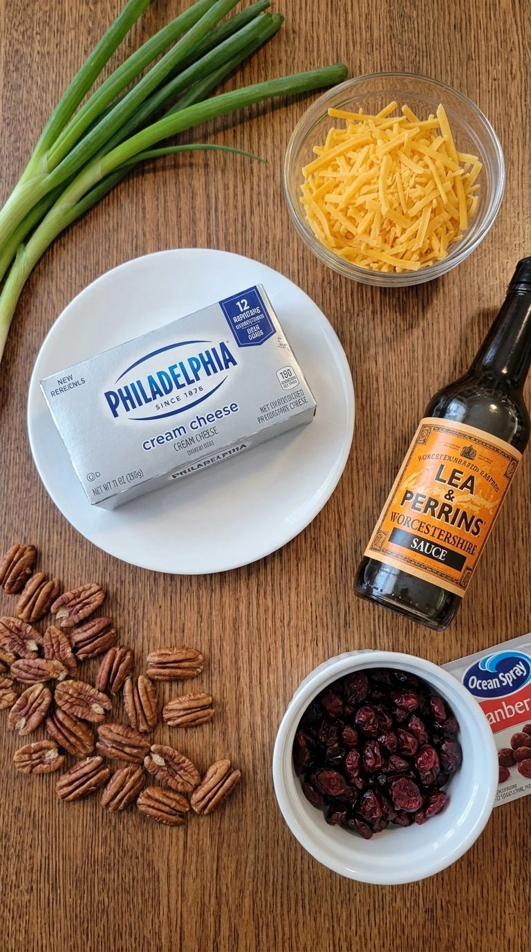 Ingredients for Cranberry Pecan Cheese Ball including cream cheese, cheddar, pecans, and dried cranberries.