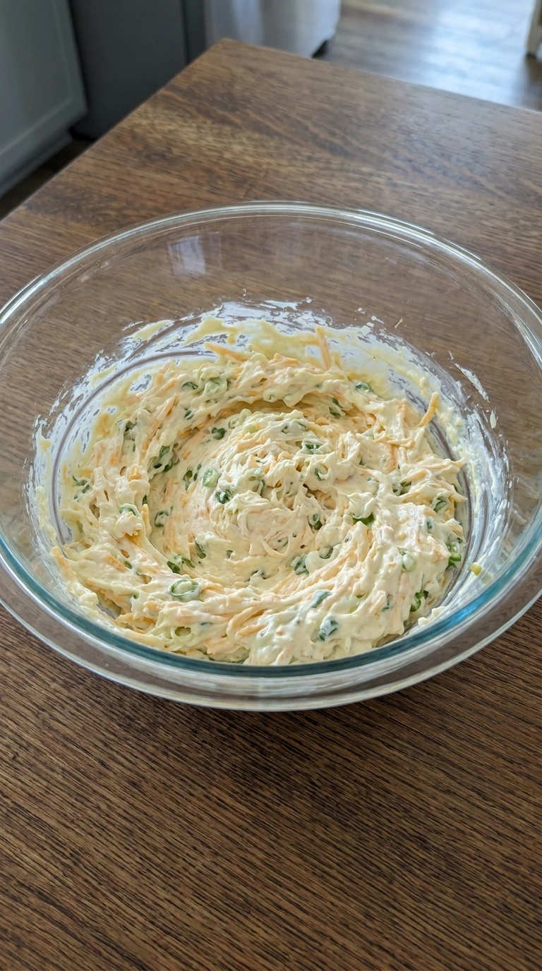 Mixing cream cheese and sharp cheddar in a bowl for Cranberry Pecan Cheese Ball.