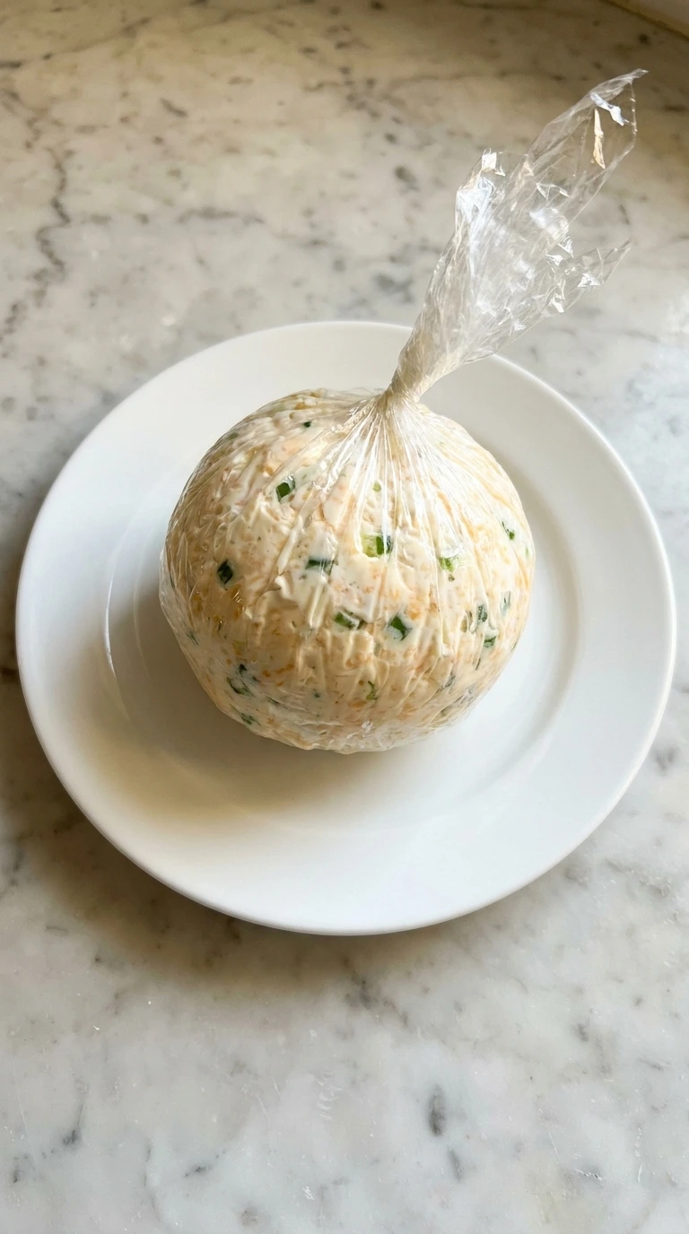 Shaping a Cranberry Pecan Cheese Ball inside plastic wrap.