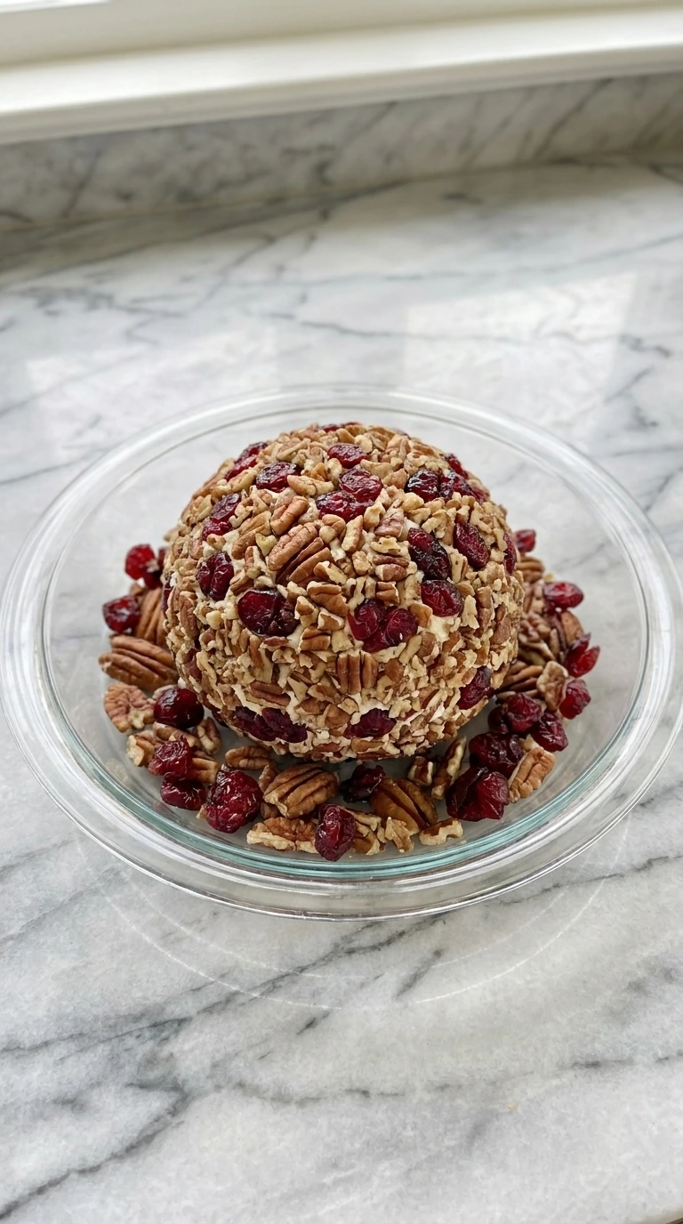Coating the Cranberry Pecan Cheese Ball in nuts and dried cranberries.