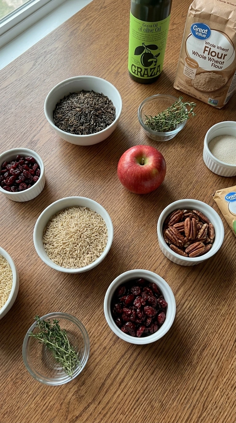 Cranberry Pecan Wild Rice ingredients with wild rice pecans and cranberries