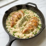 Skillet of Creamy Chicken and Rice with golden chicken breast slices and peas