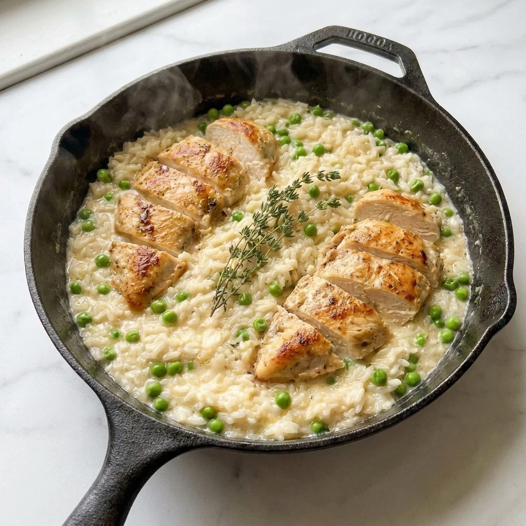 Skillet of Creamy Chicken and Rice with golden chicken breast slices and peas