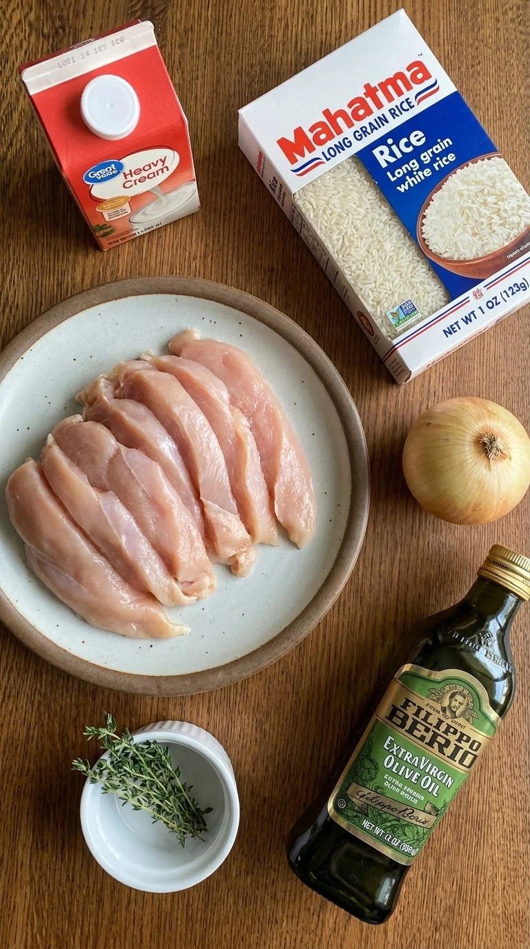 Raw ingredients for Creamy Chicken and Rice arranged on a dark counter