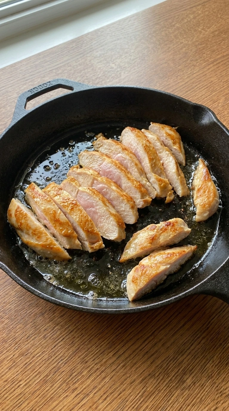 Searing chicken breast slices in a skillet for Creamy Chicken and Rice