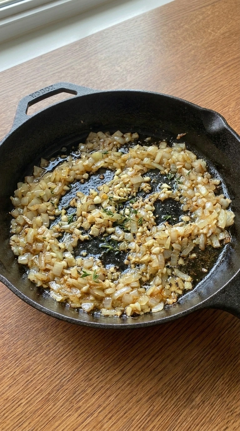 Sauteing chopped yellow onion and garlic for Creamy Chicken and Rice