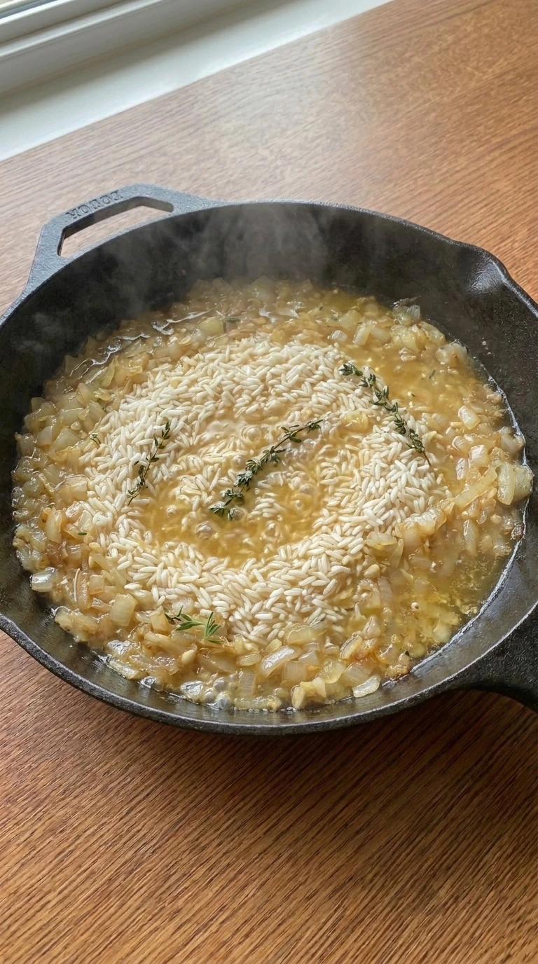 Simmering long grain white rice in chicken broth for Creamy Chicken and Rice