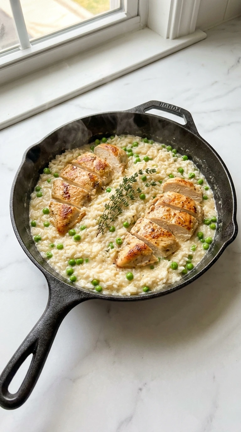 Folding heavy cream and sweet peas into Creamy Chicken and Rice